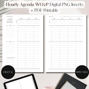 May include: A printable hourly agenda planner with a monthly calendar. The planner has sections for "This Week", "Next Week", and "Notes". The monthly calendar has a section for each day of the week. The planner is designed for use with a digital planner or as a printable PDF.