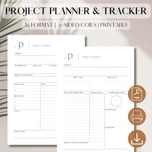 May include: A printable project planner and tracker in A5 format with two-sided coils. The planner has sections for project overview, milestones, main goals, tasks, main task completion, completed on, completion chart, reflections, and project success assessment. The tracker has sections for project overview, milestones, main goals, main task completion, completed on, completion chart, reflections, and solutions.