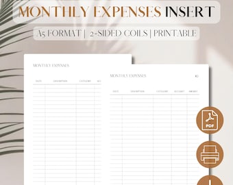 Monthly Expenses Tracker Planner Insert | Spending Log | Budget Planner Refill | Money Tracking PDF Printable | A5, 5.8 x 8.3, filofax