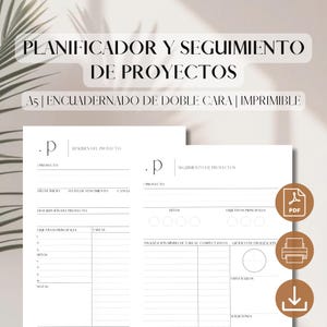 May include: A black and white printable planner with the text "PLANIFICADOR Y SEGUIMIENTO DE PROYECTOS" and "A5 | ENCUADERNADO DE DOBLE CARA | IMPRIMIBLE" in Spanish. The planner is divided into two sections: "RESUMEN DEL PROYECTO" and "SEGUIMIENTO DE PROYECTOS".
