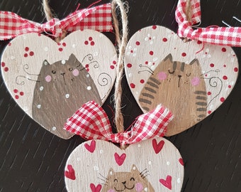 hand-painted wooden cat heart cats hanging decorations