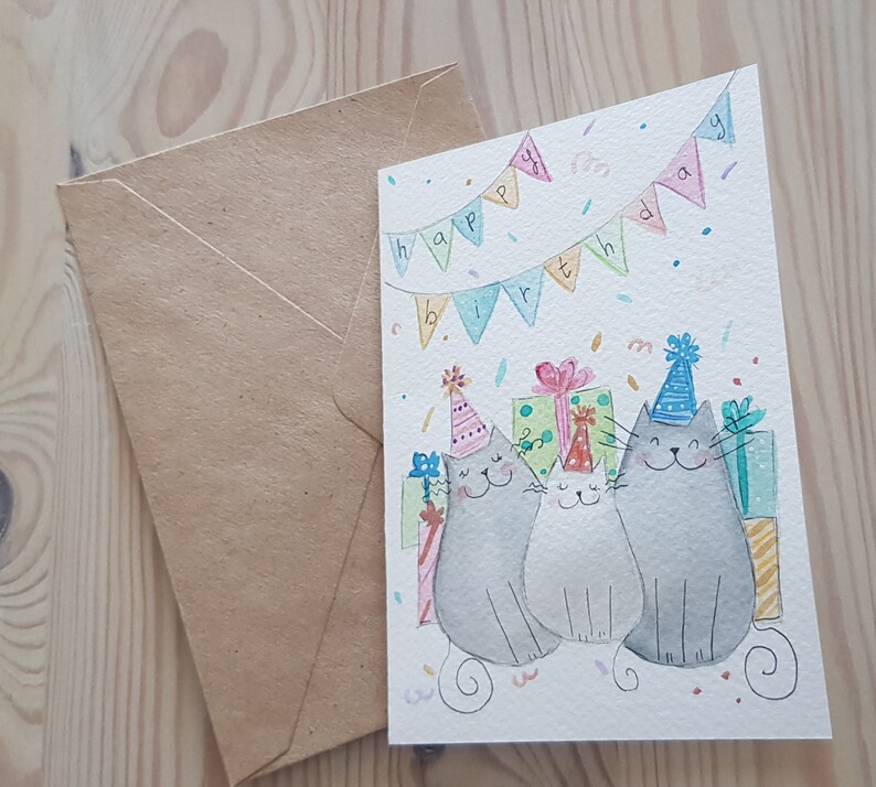 biglietti di auguri dipinti a mano ad acquarello con gatti personalizzabili compleanno battesimo natale auguri immagine 4