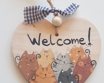 welcome! hand painted wooden heart plate with cats