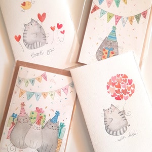 biglietti di auguri dipinti a mano ad acquarello con gatti personalizzabili compleanno battesimo natale auguri immagine 1