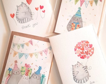 hand-painted watercolor greeting cards with customizable cats birthday baptism Christmas greetings