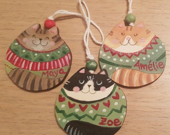 customizable hand-painted wooden Christmas tree decorations with cat