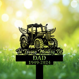 Custom Memorial Tractor Grave Marker with Angel Wings, Farmer Remembrance Garden Stake, Personalized Farm Loss Metal Sign for Loved One
