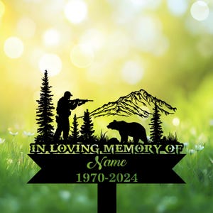 Personalized Hunter Grave Marker –  Grizzly Bear Hunting Memorial Stake, Upland Game Tribute, Cemetery Remembrance Sign for Dad.