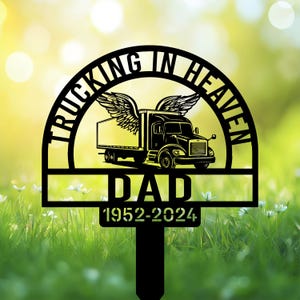 Personalized Trucker Grave Marker, Custom Box Truck with Angel Wings Memorial Stake, In Memory Of Trucker Dad, Father Tribute Sign.