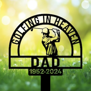 Personalized Golf Grave Marker For Dad, Golfing In Heaven Memorial Stake, Custom Golfer Silhouette Headstone Decoration.