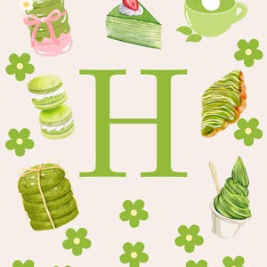 May include: A banner design featuring matcha-themed illustrations. It includes a matcha latte, a slice of cake with a strawberry, a cup of matcha with a heart, macarons, cookies, a croissant, and soft serve. Green floral accents and a large green letter "H" are also present.