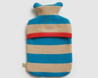 Striped Lambswool Hot Water Bottle Cover: Oatmeal & Turquoise