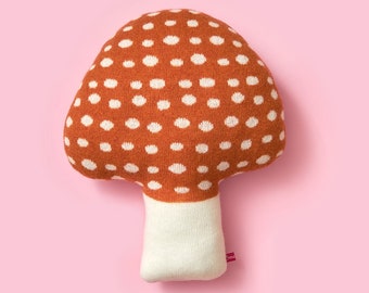 Lambswool Burnt Orange Mushroom Toadstool Knitted Cushion - In stock