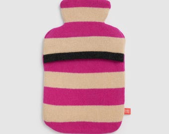 Stripe Oatmeal and Cerise Lambswool Hot Water Bottle and Cover