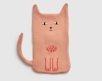 Pink Cat Lambswool Hot Water Bottle Cover -  Made to order