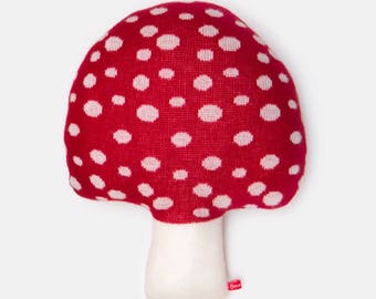 Lambswool Red Mushroom Toadstool Knitted Cushion - Made to order