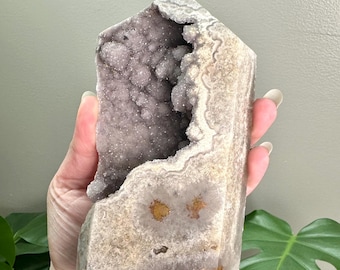Unique large grey Agate tower - 6.25 inches tall. Smoky lavender purple sparkling druzy. Lacy banding. Natural heart. Brown agate