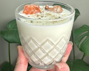 8oz Sun Kissed scented hand poured soy candle in reusable diamond etched drinking Glass.  Raw Sunstone and Skeletal Quartz. 1 wick, 40hrs