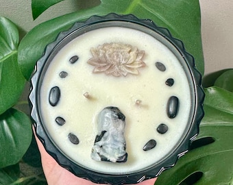 Stogie & Flask scented Intention Candle. 14oz soy wax. 2-wick. Moonstone Lotus Flower and Buddha. Hypersthene chips. Spiritual Guidance