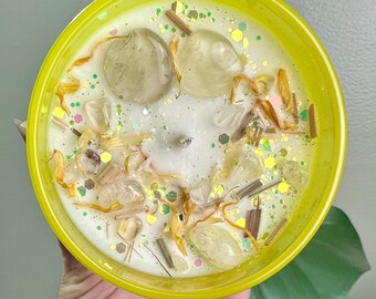 Lemongrass Citronella scented crystal Candle -Keep Bugs Away- Citrine and herbs. Yellow glass. 5oz soy wax. 25 hours burn