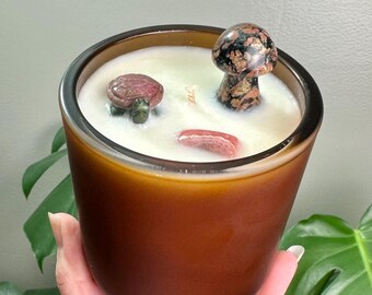 11oz Roseweood Vetiver scented soy candle in frosted brown glass jar. Rhodochrosite cab, Rhodonite Turtle, Plum Jasper Lg Mushroom. 55 hour