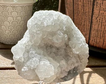 Apophyllite on Blue Calcedony. On stand. Raw crystal specimen