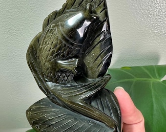 Gold Sheen Obsidian jumping fish carving. Mini statement crystal. Koi Fish