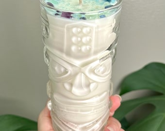 12oz Island Cabana scented Soy Candle: reusable cocktail Tiki Glass, Fluorite Crystals 60 hours burn time.