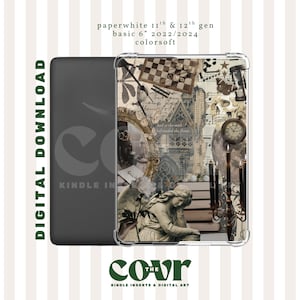 May include: A Kindle Paperwhite case with a collage design featuring a chessboard, clock, and architectural elements. The case is designed for the 11th and 12th generation Paperwhite basic 6" models from 2022/2024. The words "DIGITAL DOWNLOAD" and "KINDLE IN" are visible.