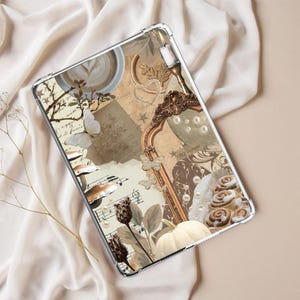 May include: Transparent tablet case with a collage design featuring butterflies, musical notes, a coffee cup, and a decorative frame. The colour palette includes beige, brown, and white tones, creating a vintage aesthetic.