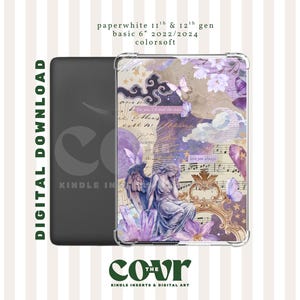 Puede incluir: Una funda para Kindle Paperwhite con un diseño decorativo. Presenta un ángel sentado, mariposas, notas musicales y elementos florales en tonos morados, dorados y blancos. También se ve el texto "DIGITAL DOWNLOAD" y "THE COUR".
