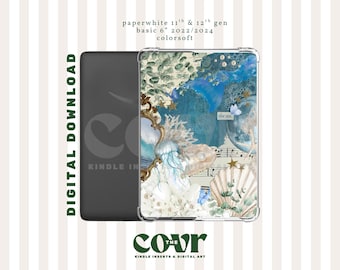 May include: Kindle Paperwhite case with a marine design. The case displays a collage of blue watercolour elements, seashells, jellyfish, and musical notes. The text "the sea" is visible. The case is designed for the 11th and 12th generation Paperwhite.