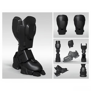 May include: A black, futuristic-looking robotic leg and knee armor set. The image shows the complete leg, along with individual components, including knee pads and foot pieces. The design features a segmented, angular aesthetic, suggesting a high-tech or sci-fi theme.