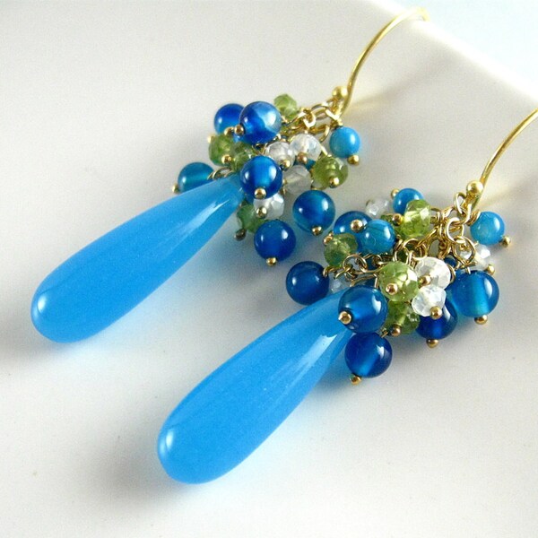 Turquoise Blue Chalcedony and Gemstone Cluster Dangle Earrings