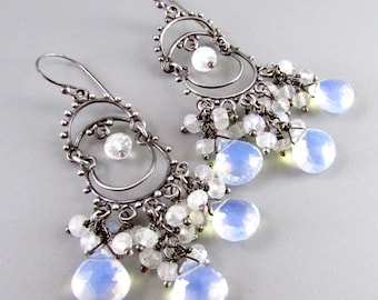 Mystic Quartz Crystal and Blue Flash Moonstone Oxidized Chandelier Earrings