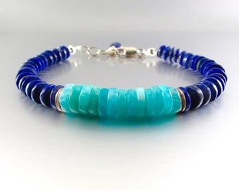 Amazonite Et Lapis Lazuli Avec Bracelet Ajustable En Argent Massif