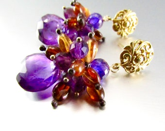 Brazilian Amethyst And Hessonite Garnet Gold Filled Ornate Post Earrings