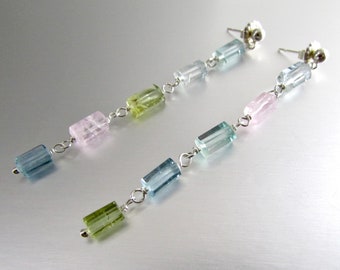 Long Aquamarine Tubes With Sterling Silver Post Earrings