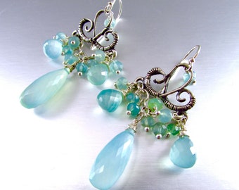 Boucles d'oreilles Chandelier Aqua Calcédoine Cluster Sterling