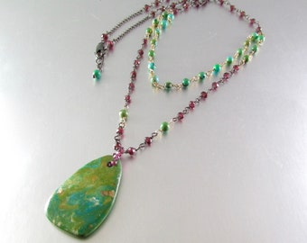 Peruvian Opal Necklace, Double Strand Necklace, Garnet And Turquoise Necklace, Rustic Oxidized Mixed Metal Necklace