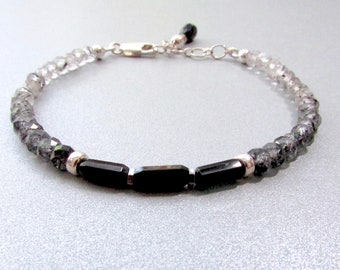 Tourmaline And Rutilated Quartz With Sterling Silver Adjustable Bracelet