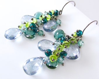 Blue/Green Mystic Quartz With Peridot, Teal Apatite and green Zirconia Oxidized Sterling Silver Rustic Earrings