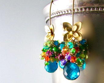 Colorful Cluster Earrings, Teal Quartz With Semi-Precious Clusters