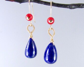 Boucles D'oreilles Anciennes énormes - Lapis Lazuli, Corail, Or Et Argent Vermeil