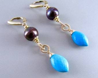Black Pearl With Turquoise Gold Filled Lever Back Earrings