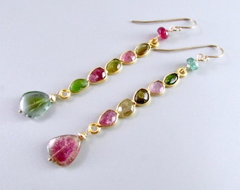 Colorful Tourmaline Gold Fill Dangle Earrings