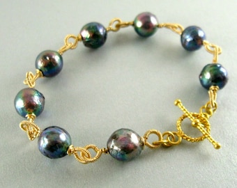 Grey Pearl and Gold Filled Wire Wrapped Bracelet