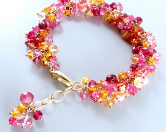 Pink Sapphire And Topaz Gold Filled Cluster Bracelet