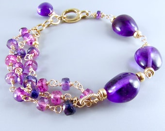 Smooth Freeform Amethyst With Faceted Purple Sapphire Half and Half Bracelet.