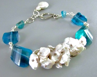 Bracelet en argent sterling avec perle Keishi et pépite de fluorite